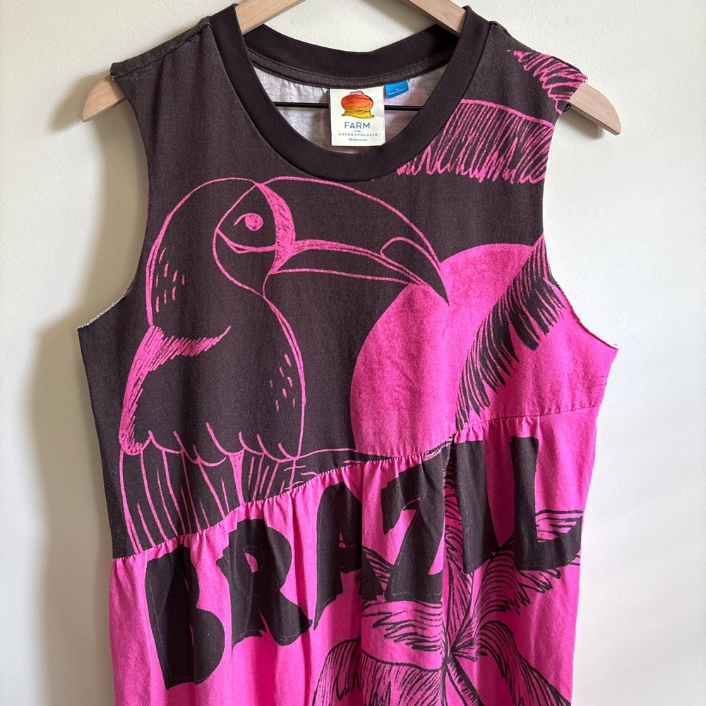 Farm Rio Anthropologie Brazil Toucan Pink Brown Sleeveless Midi Dress Medium